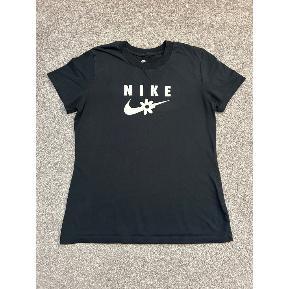 Nike Graphic Tee Womens Small Black Excellent Daisy Swoosh Logo Short Sleeve